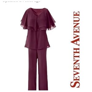 Seventh Avenue Georgette Popover Cape Caplet Tunic Burgundy Autumn Rose Pant Set